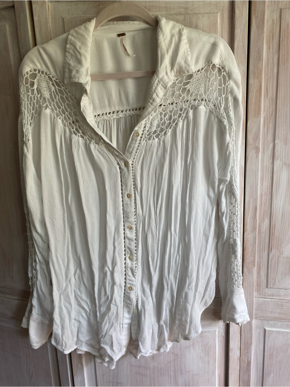Free People White Crochet Yoke Button-Front Women's Top